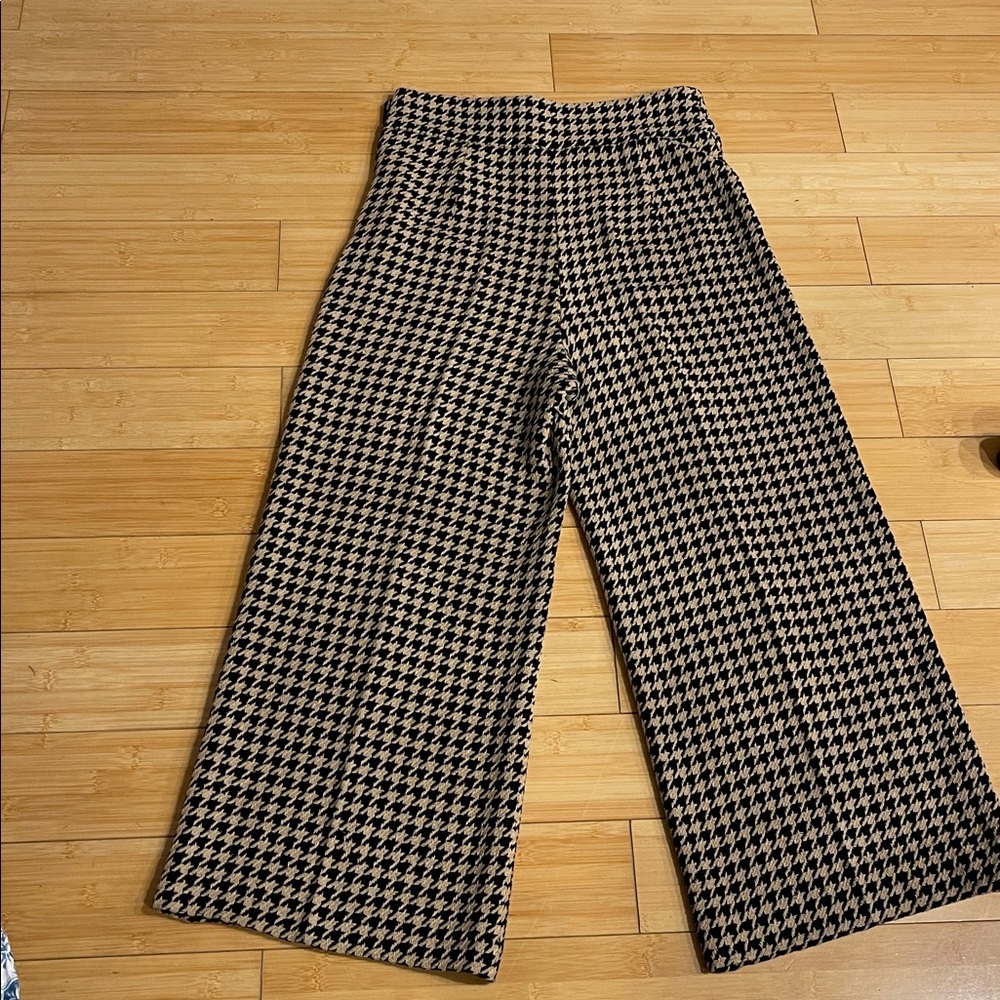 Zara Black and Tan High Rise Side Zipper Houndstooth WideLeg Pants Full Length M - Picture 11 of 11
